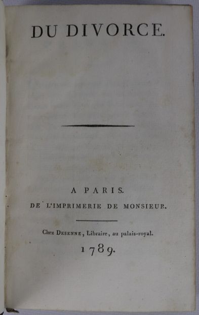 null HENNET]. Du divorce. Paris, Desenne, 1789. 2 ouvrages en un vol. in-8, maroquin...