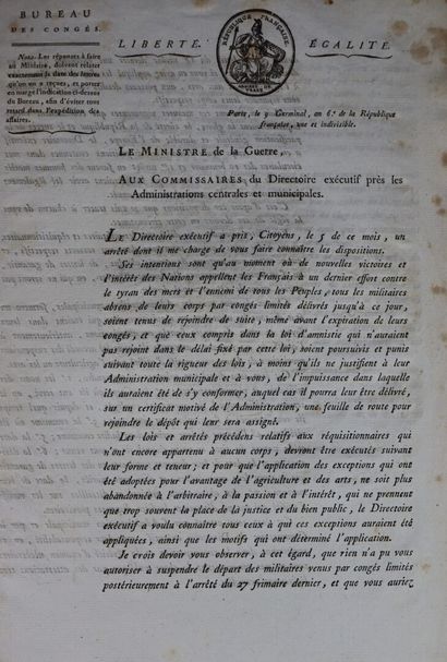null Ensemble de huit documents de l'An V - VI - VIII de la République, dont document...