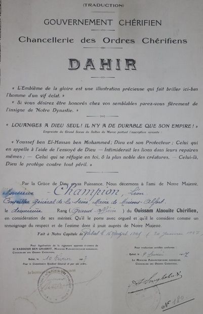 null Diplômes de l'Ordre de l'Ouissam Alaouite Chérifien, Grand Officier.

Diplôme...