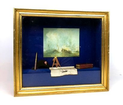 null Diorama sur le thème de Napoléon, fond garni d'une feutrine bleue marine, comprenant...