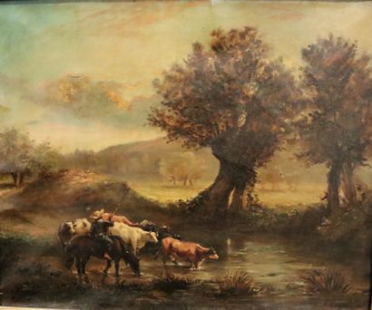 null Ecole française du XIXème siècle, A. CAGNE.

Vacher et son troupeau.

Huile...