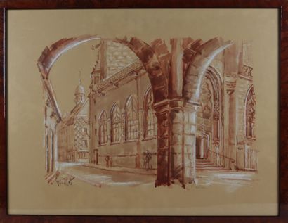 null GREUILLET (actif au XXème siècle). 

La cathédrale de Moulins vue des arcades....