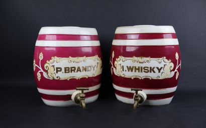 null Ensemble de deux fontaines de forme tonneau en porcelaine marquées "Brandy"...