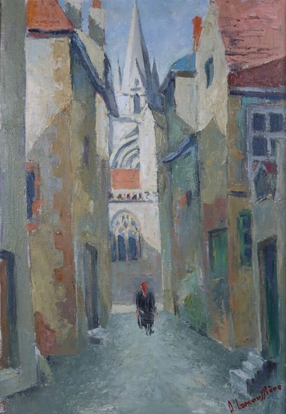 null A. LAMOUSSIERE (actif au XXème siècle). 

Moulins, rue jouxtant la cathédrale....