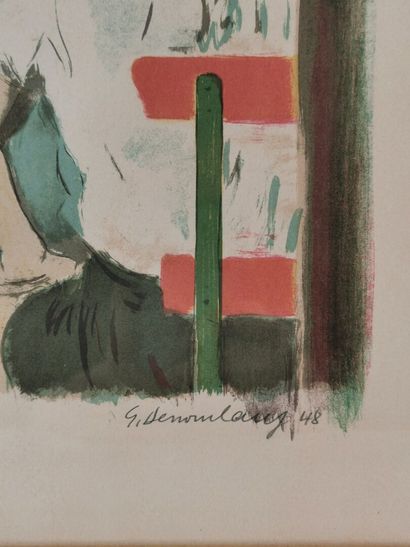 null Georges DESSOUSLAVY (peintre suisse, 1898-1952).

Terrasse en bord d'étang.

Lithographie...