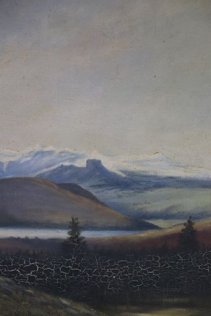  Abbé Léon BOUDAL (1858-1934), de l'école de Murols. 
Paysage lacustre. 
Huile sur...