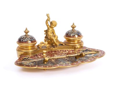 null An ormolu and polychrome cloisonné enamel inkwell with a profusion of foliage.

It...