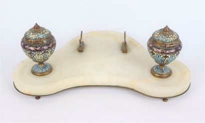 null Inkwell with a brass scalloped base, cloisonné enamel and white onyx. 

The...