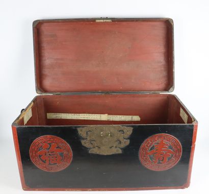 null KOREA.

Black and red lacquered wood chest with three red lacquered medallions,...