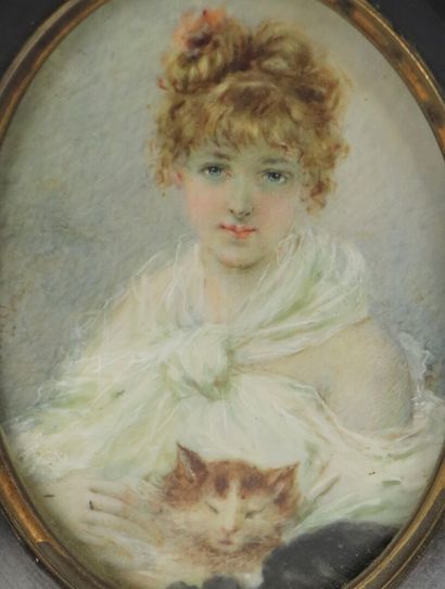 null DJINA (Ecole française vers 1900). 

Jeune fille au chat. 

Pastel sur papier...