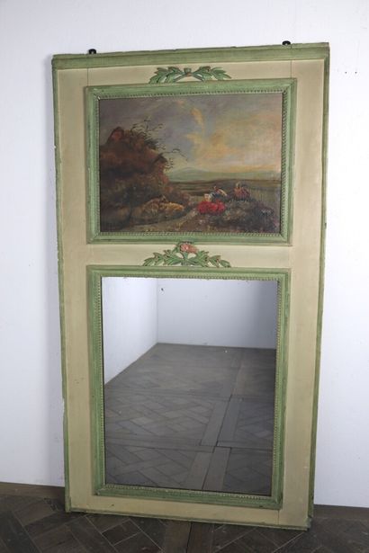 null Trumeau in green and grey lacquered wood. 

The canvas representing a shepherdess....