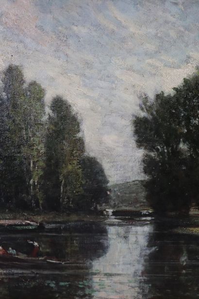 null Jules DUPRE (1811-1889), 

Paysage lacustre. 

Huile sur toile signée en bas...