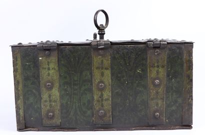 null A small wrought iron Nuremberg chest with painted decoration of the visit of...