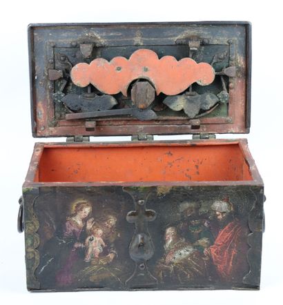 null A small wrought iron Nuremberg chest with painted decoration of the visit of...