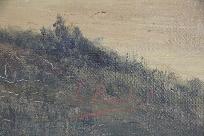 Abbé Léon BOUDAL (1858-1934), de l'école de Murols. 
Paysage lacustre. 
Huile sur...