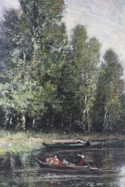 null Jules DUPRE (1811-1889), 

Paysage lacustre. 

Huile sur toile signée en bas...
