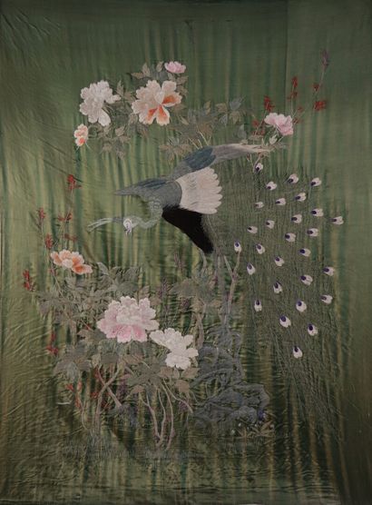 null JAPAN.

Embroidery on silk decorated with a peacock in a flowery vegetation....