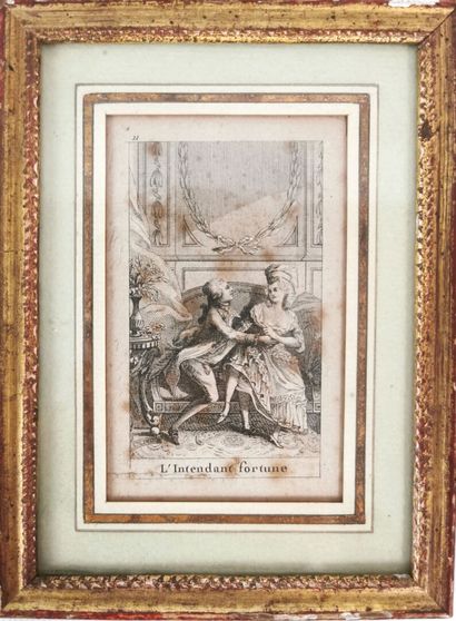 null Meeting of three pairs of engravings nicely framed, featuring gallant scenes,...