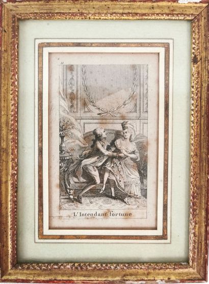 null Réunion de trois paires de gravures joliment encadrées, figurant des scènes...