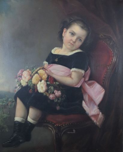 null French school of the XIXth century.

Little girl sitting with a bunch of flowers.

Oil...