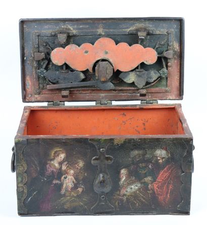 null A small wrought iron Nuremberg chest with painted decoration of the visit of...