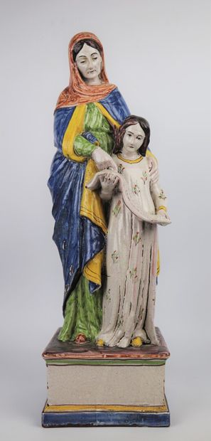 null MALICORNE. 

Statue de Sainte Anne et de la Vierge en faïence polychrome. 

H_51,5...