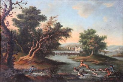 null French or German school of the 18th century.

The hunting of the stag.

Oil...