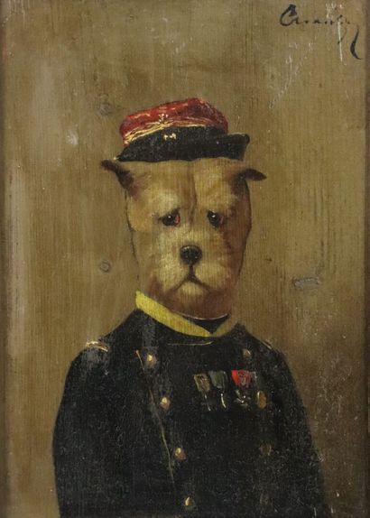 null Jules CHARDIGNY (1842-1892).

Dogue en militaire.

Huile sur panneau, signée...