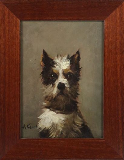 null Jules CHARDIGNY (1842-1892).

Terrier, de face.

Huile sur panneau, signée en...