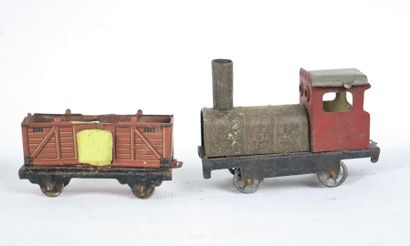 null Petit train, type peny toys, en tôle lithographiée comprenant un locomotive,...