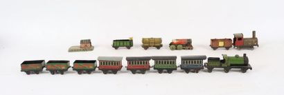 null Petit train, type peny toys, en tôle lithographiée comprenant un locomotive,...