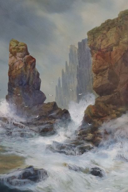 null James SWINTON DISTON (1857-1940).

Le déferlement de la mer contre la falaise.

Aquarelle...