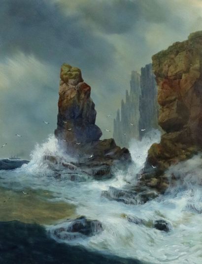 null James SWINTON DISTON (1857-1940).

Le déferlement de la mer contre la falaise.

Aquarelle...