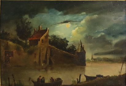 null Egbert van der POEL(1621-1664), suiveur de.

Barque au clair de lune.

Huile...