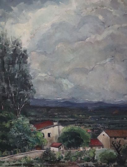 null André Thomas ROUAULT (1899-1949?).

Paysage aux maisons, temps d'orage.

Huile...