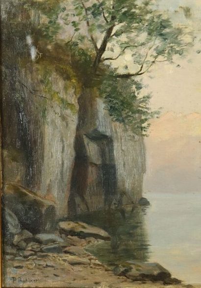 null Paul Gustave I ROBINET (1845-1932).

Vue d'un lac en Suisse.

Huile sur carton,...