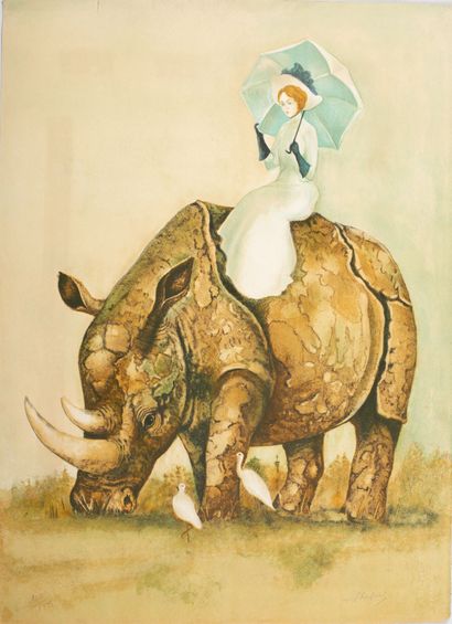 null Stanislas LEPRI (1905-1980).

Jeune fille et rhinocéros.

Lithographie en couleurs,...