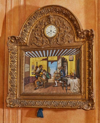 null Important tableau horloge automate, le cadre en bois et stuc doré encadrant...