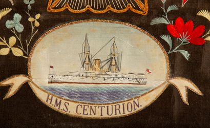 null Encadrement en tissu et soie peinte et brodée, avec en bas le bateau HMS centurion....