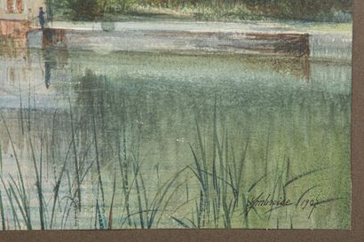 null Jules François Achille AMBROISE (XIXème - XXème).

Château sur un lac au couchant.

Aquarelle...