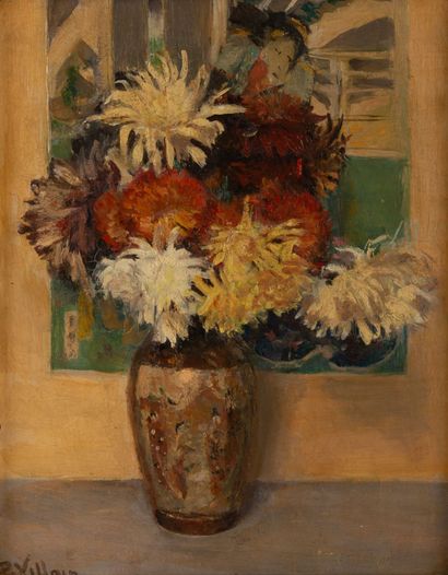 null Pierre VILLAIN (1880-1950).

Bouquet de dahlias devant une estampe japonaise.

Huile...