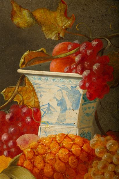 null Joseph DECOSTER (XIXème-XXème siècle).

Nature morte aux raisins et ananas,...