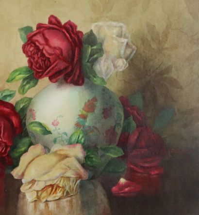 null H. DE LAQUIS (XIXème-XXème siècle).

Roses au vase chinois.

Aquarelle, signée...