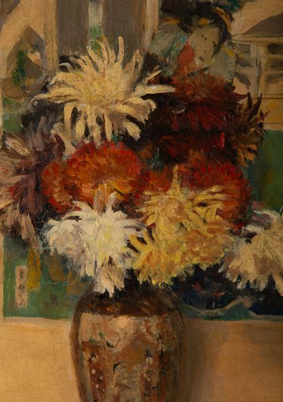 null Pierre VILLAIN (1880-1950).

Bouquet de dahlias devant une estampe japonaise.

Huile...