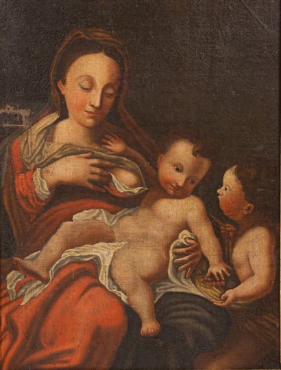 null Ecole italienne du XVIIème siècle.

Vierge à l'enfant, avec Saint Jean Baptiste.

Huile...
