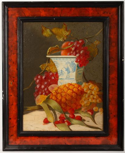 null Joseph DECOSTER (XIXème-XXème siècle).

Nature morte aux raisins et ananas,...