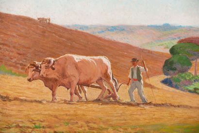 null A. LANES (XIXème-XXème siècle). 

Labourage (cultivateur et ses vaches).

Huile...