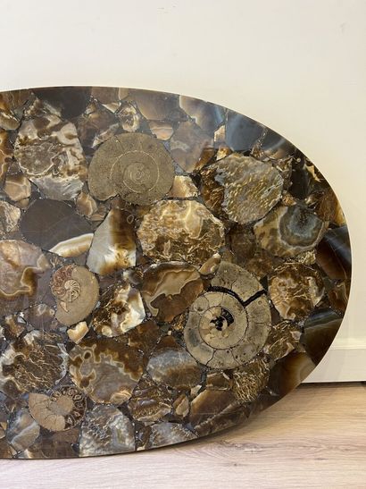 null Plateau de table basse ovale fossilisé en résine, contenant trois belles ammonites...