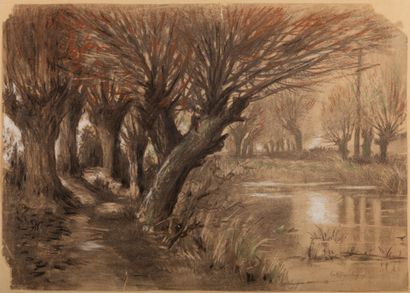 null Karl DAUBIGNY (1846-1886), attribué à.

Etang. 

Dessin aux trois crayons (fusain,...