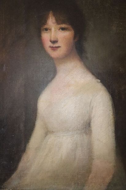 null Ecole anglaise du XIXème siècle.

Femme en buste à la robe blanche.

Huile sur...